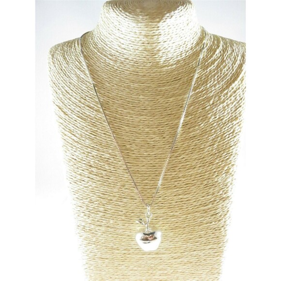 Unusual 3D Apple Pendant with 20" Box Chain Sterling Silver Necklace - Picture 10 of 12